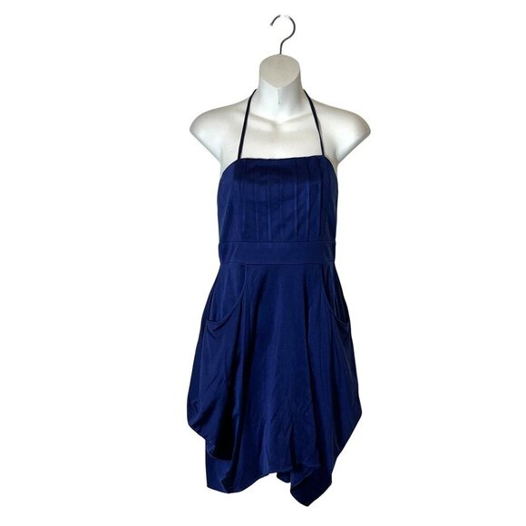Alice + Olivia Silk Blue Halter Strap Pleated Bodice Asymmetric Mini Dress Small - Picture 1 of 8